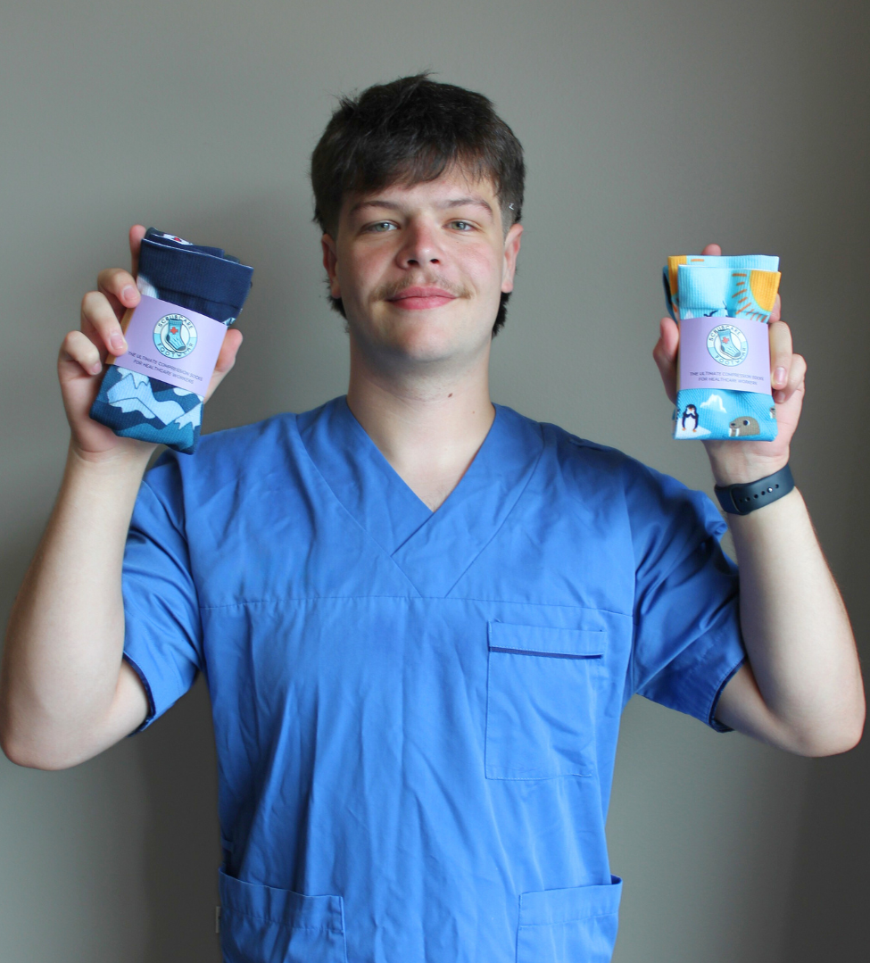 Bailey's testimonial for Scrubcare Footwear. Smiling with two pairs of the best nursing socks.