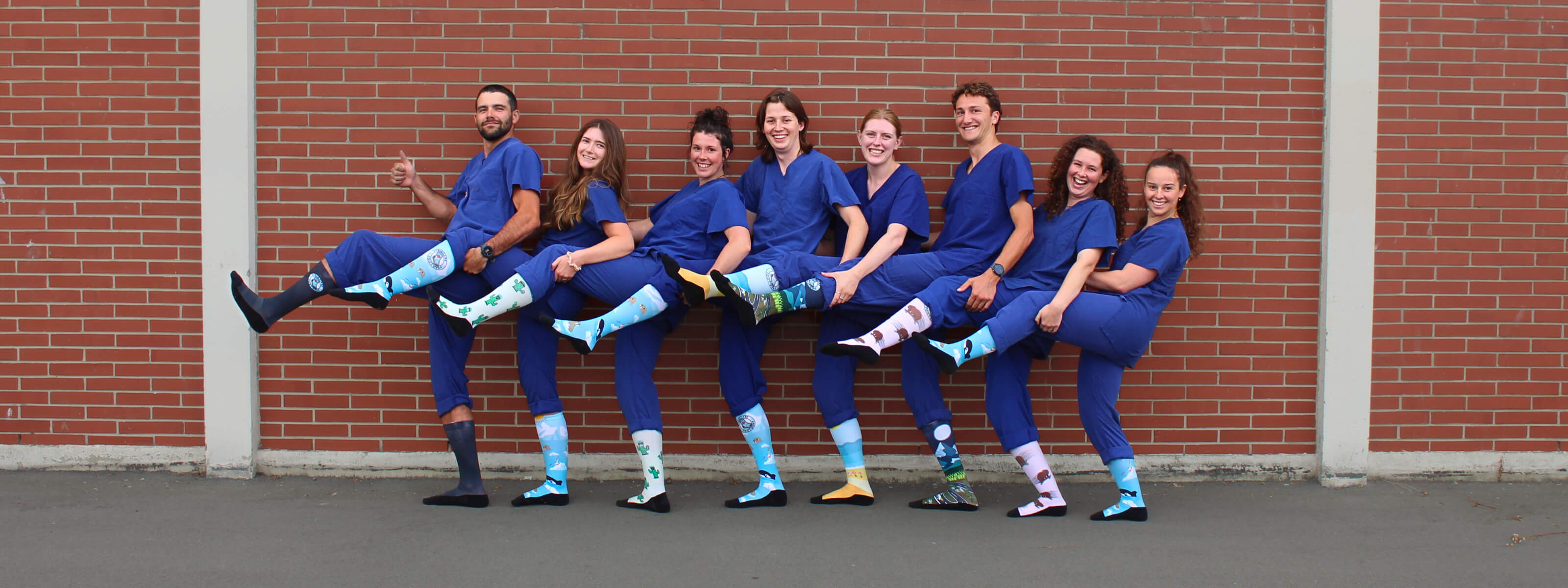 Group of 8 nurses standing with right legs up all wearing Scrubcare Footwear's nursing socks.