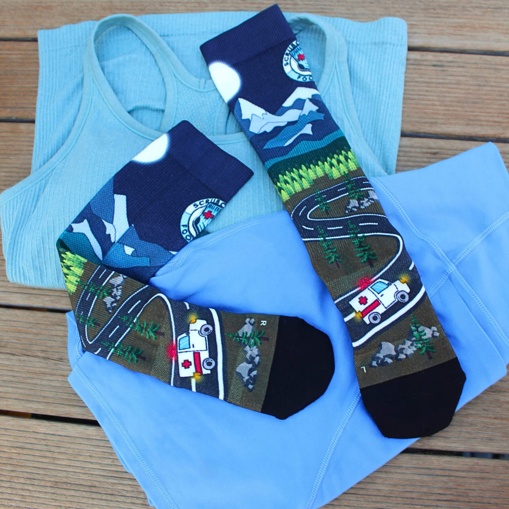 Scrubcare Footwear's midnight madness nursing socks on active wear.