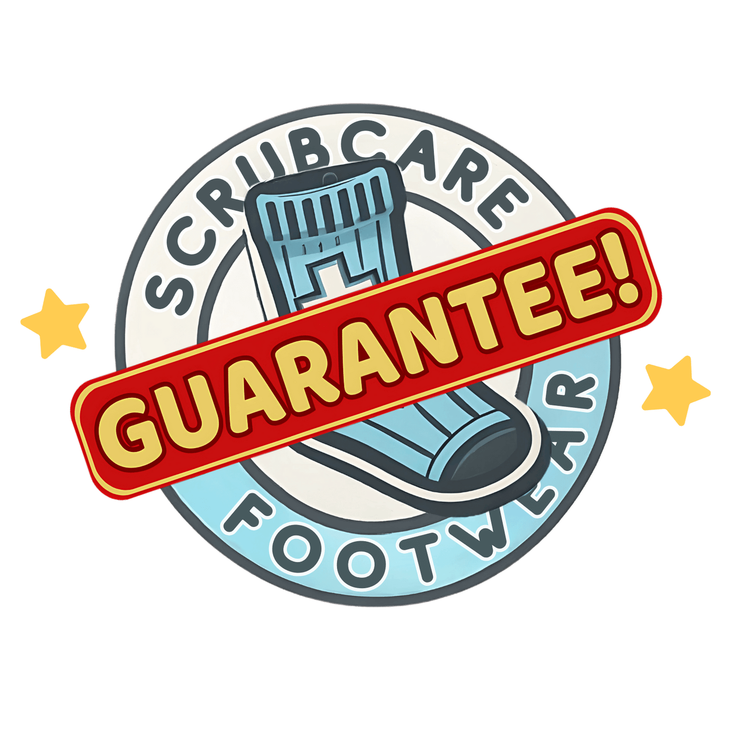 Logo of Scrubcare Footwear's guarantee on all their compression socks for nurses.