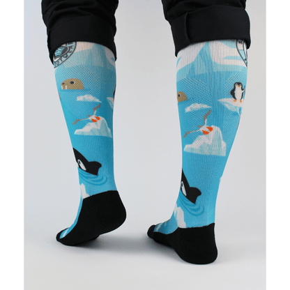 Compression socks for nurses with a polar theme, back view showing padding in the sole.