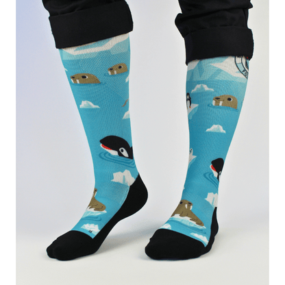 Compression socks for nurses with a polar theme, front view with feet apart.