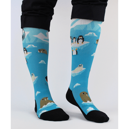 Compression socks for nurses with a polar theme, front view with feet angled right.