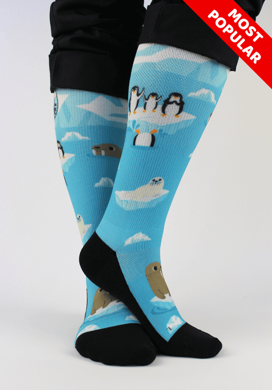 Compression socks for nurses with a polar theme, front view with feet together showing 20-30mmHg compression. Scrubcare Footwear's most popular design.