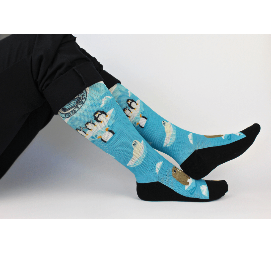 Compression socks for nurses with a polar theme, landscape view.